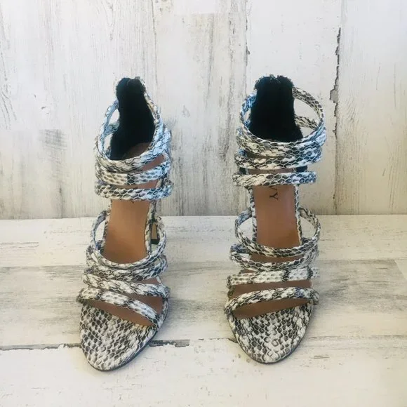 NEW RENVY Snake Print Leather Caged Heel Sandals - Picture 2 of 12